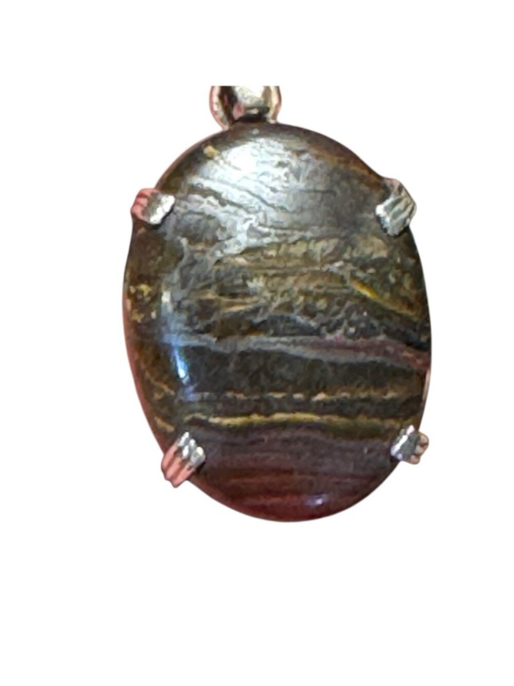 Tiger Iron Sterling Silver Pendant Polished Oval Gemstone Natural Layered Bands - Picture 8 of 16